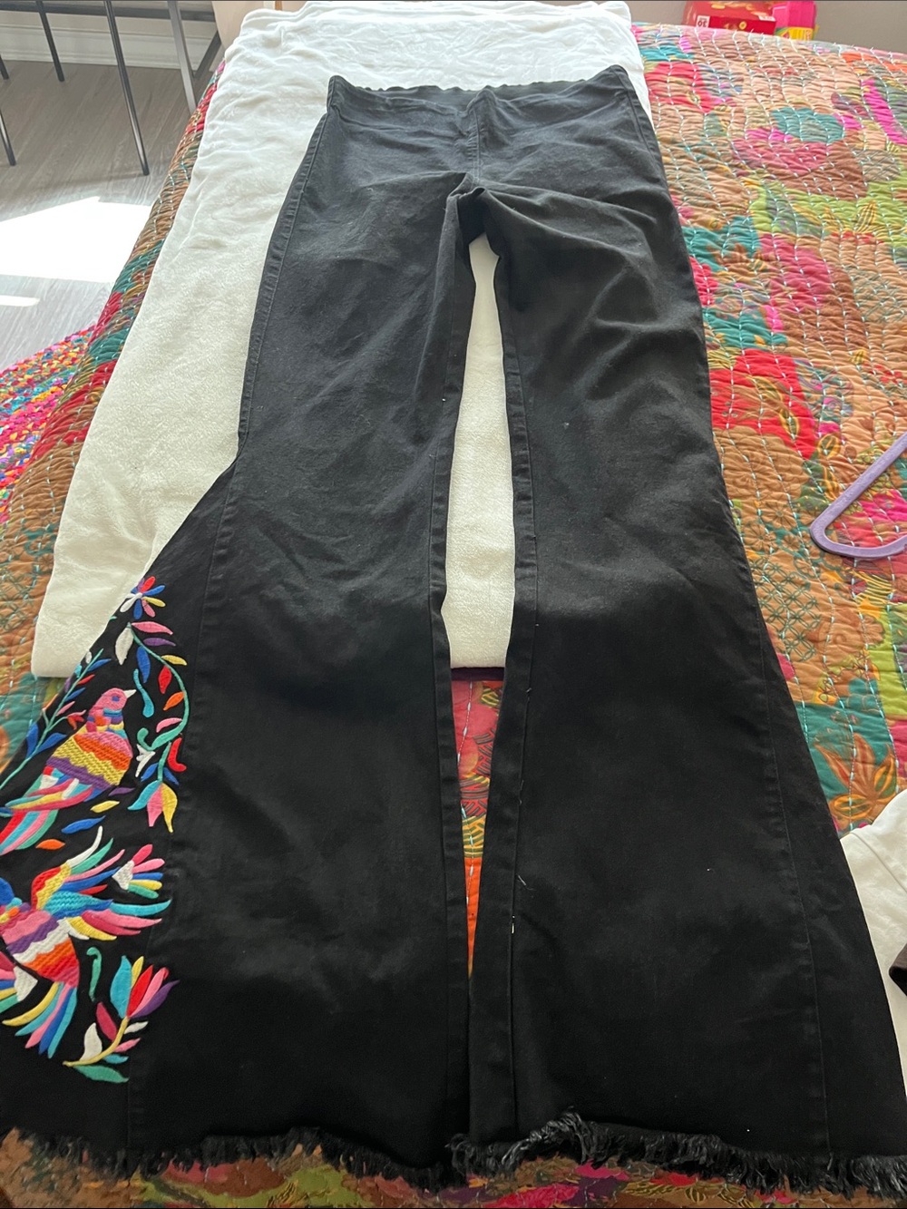 Judith March Black Flare Pants with Multicolor Embroidered Bird